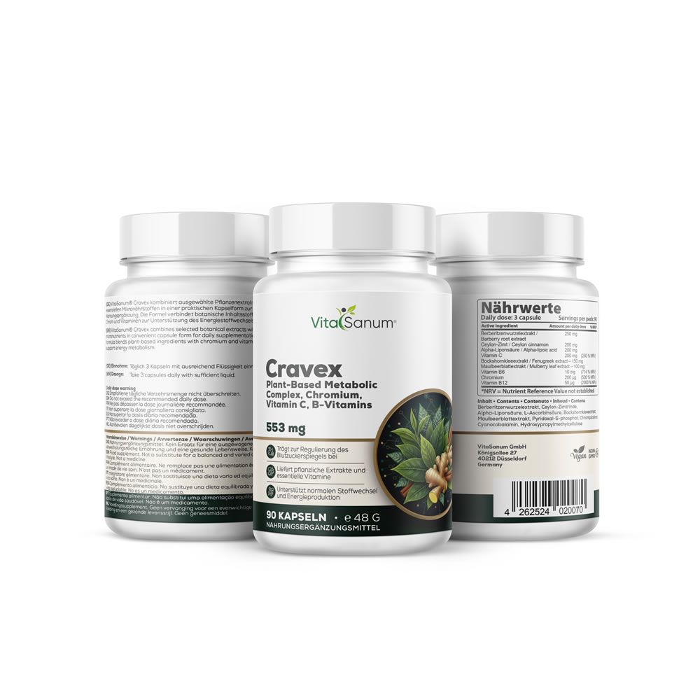Drie potten VitaSanum Cravex capsules, 553 mg, 90 capsules per pot.