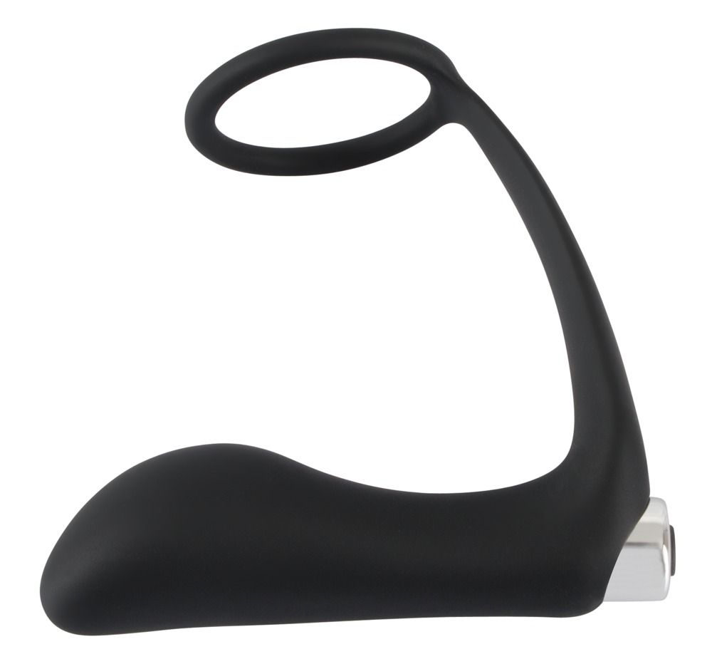 Anneau pénien noir avec plug anal. Partie en forme d'anneau et tige incurvée. Bouton argenté à l'extrémité.