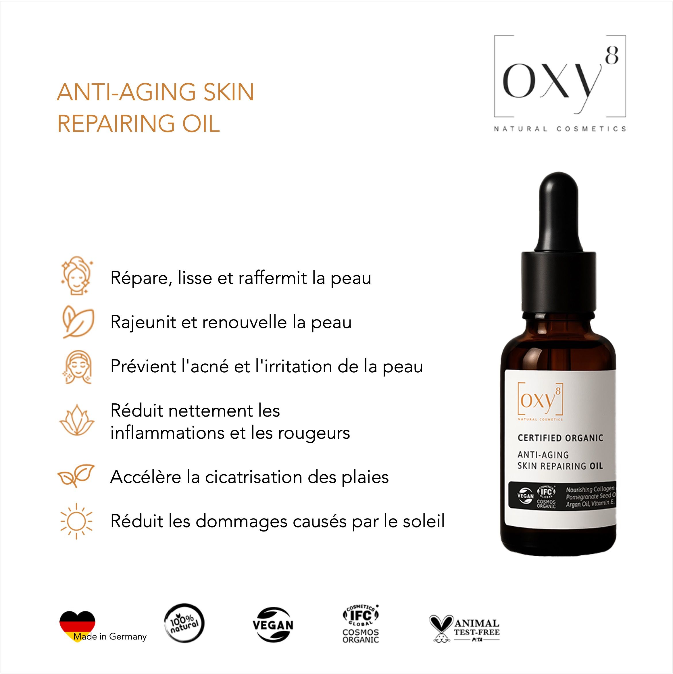 Flacon de produit avec texte et icônes. Texte: "ANTI-AGING SKIN REPAIRING OIL". Icônes: peau, feuille, soleil, etc.