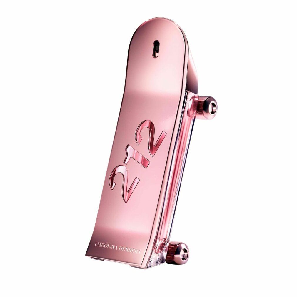 Roze fles in de vorm van een skateboard. Opschrift "212" en "Carolina Herrera".