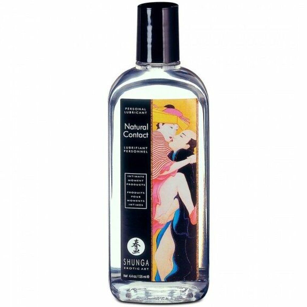 Lubrifiant Shunga Natural Contact dans une bouteille transparente avec bouchon noir. Étiquette avec un couple stylisé.