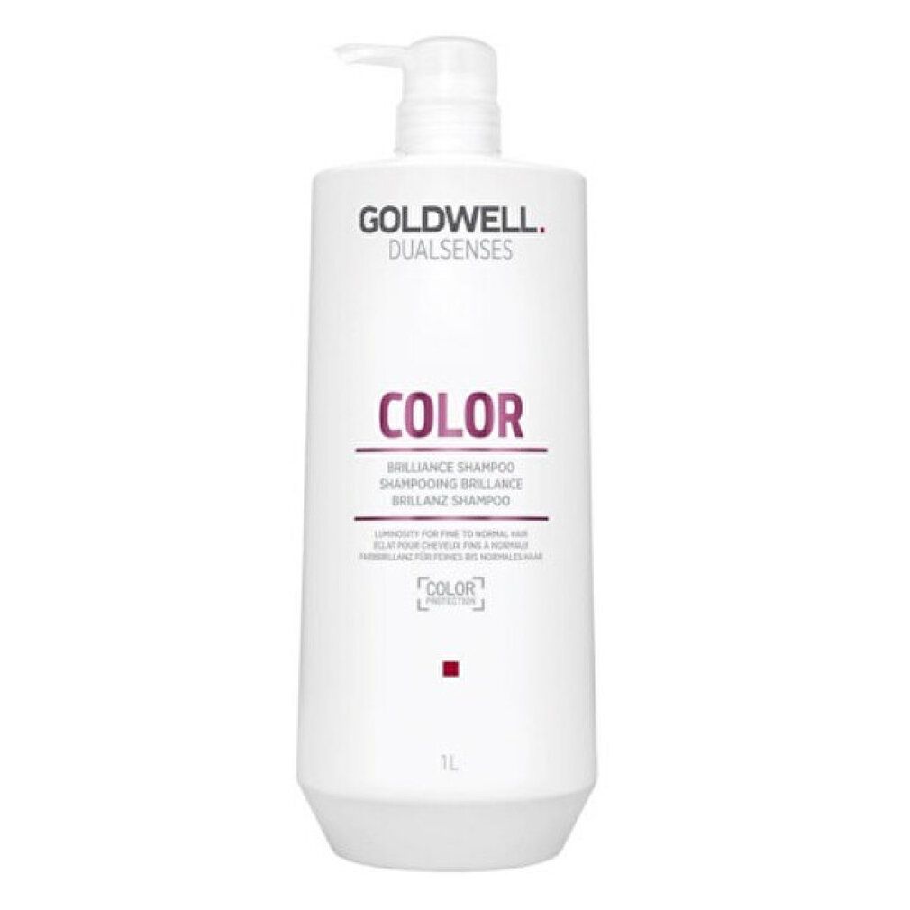 Witte Goldwell Dualsenses Color Brilliance Shampoo fles met pomp. Tekst: COLOR, Brilliance Shampoo. 1L.