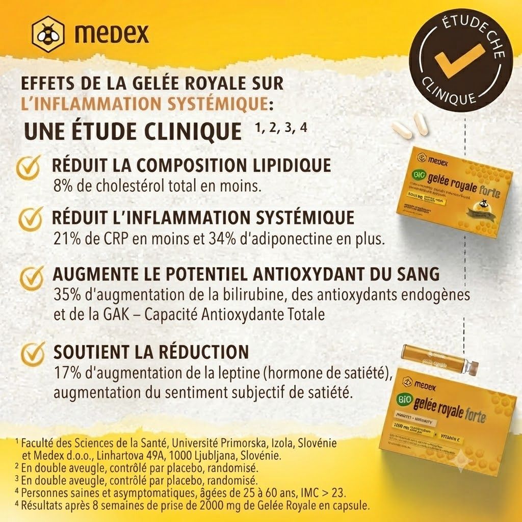 Ampoule Medex Gelée Royale avec bonnet et écharpe, près d'un réveil, personne endormie.