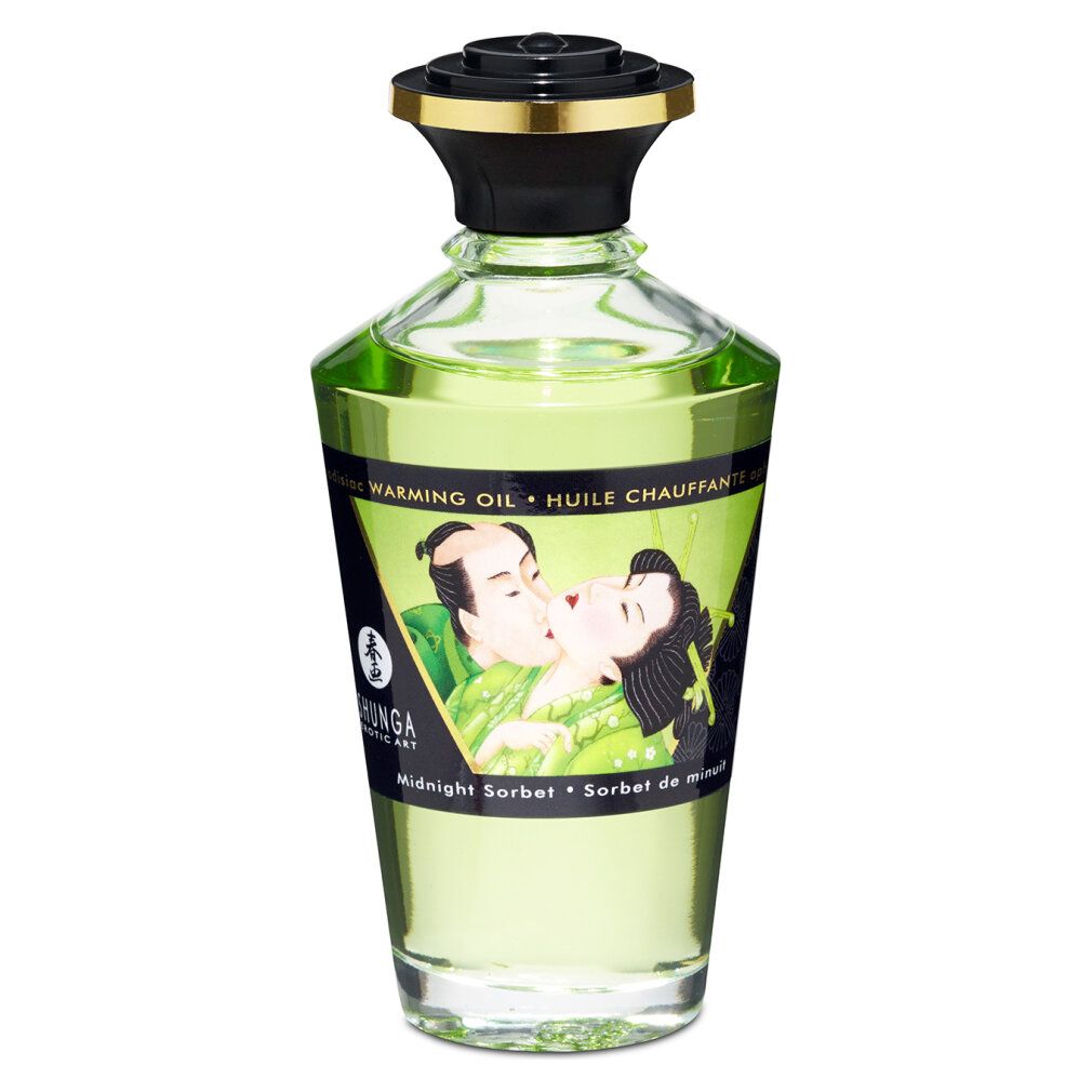 Flacon en verre vert, bouchon noir. Inscription: Warming Oil, Midnight Sorbet. Illustration d'un couple.
