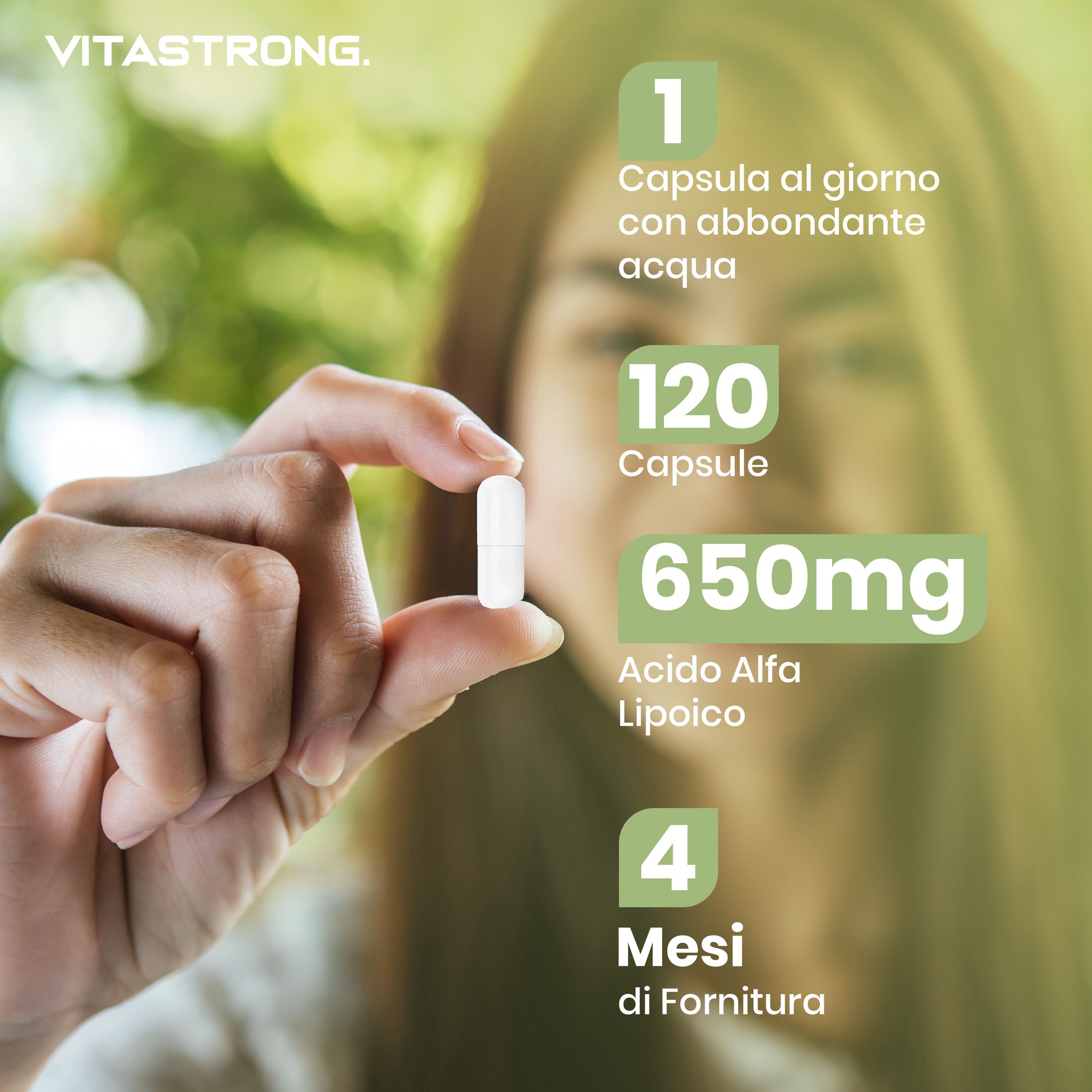 Hand met capsule. Tekst: 1 capsule per dag, 120 capsules, 650mg Alfa-Liponzuur.