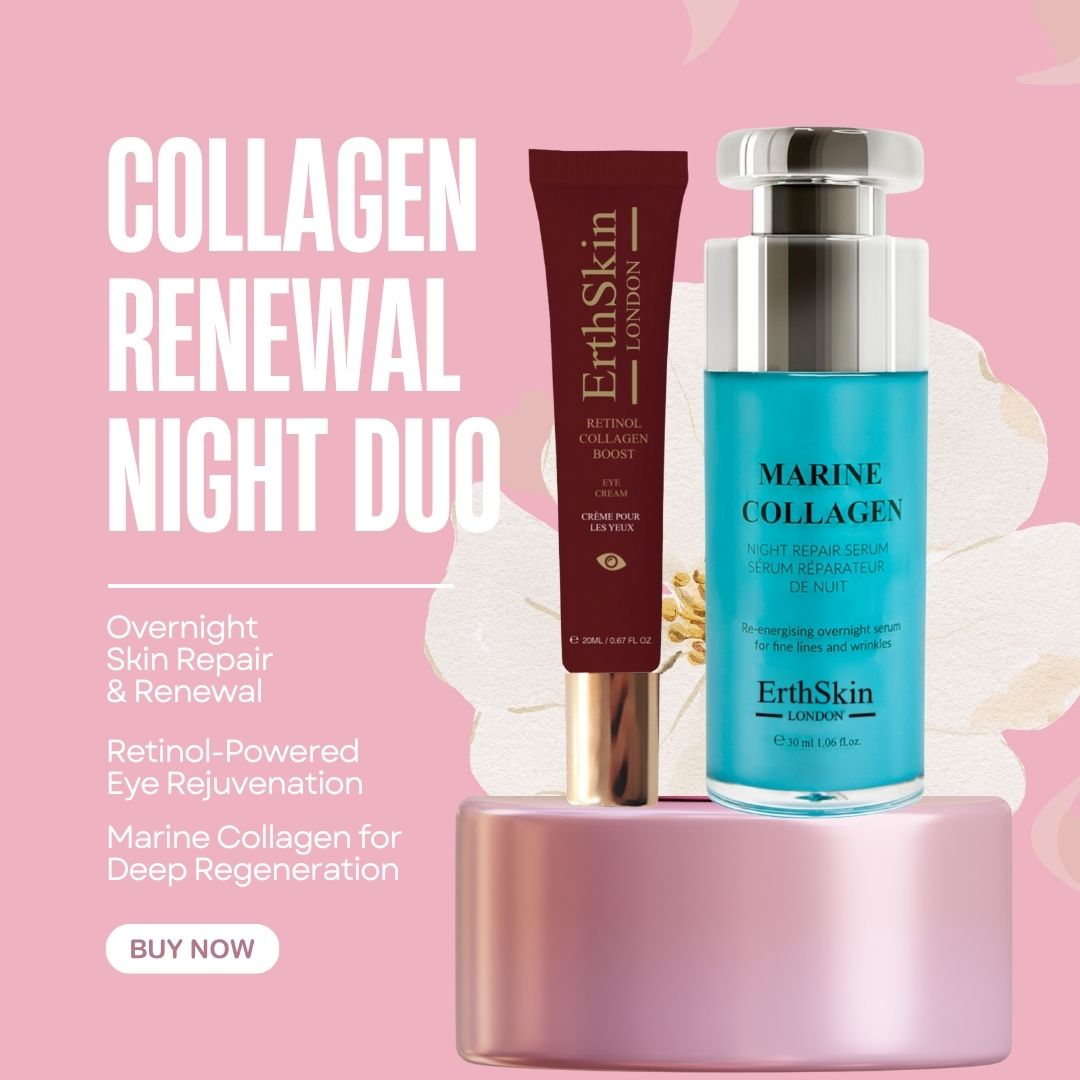 Duo de produits sur socle. Crème pour les yeux en tube, sérum en flacon. Texte: Collagen Renewal Night Duo, Marine Collagen, Retinol.