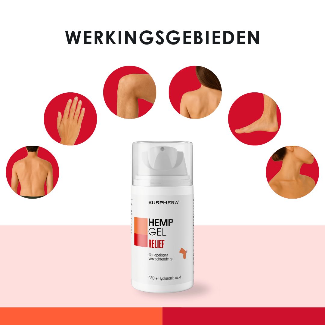 Flacon de gel avec illustrations de parties du corps. Texte: HEMP GEL RELIEF, Gel lenitivo. CBD + Acide hyaluronique.