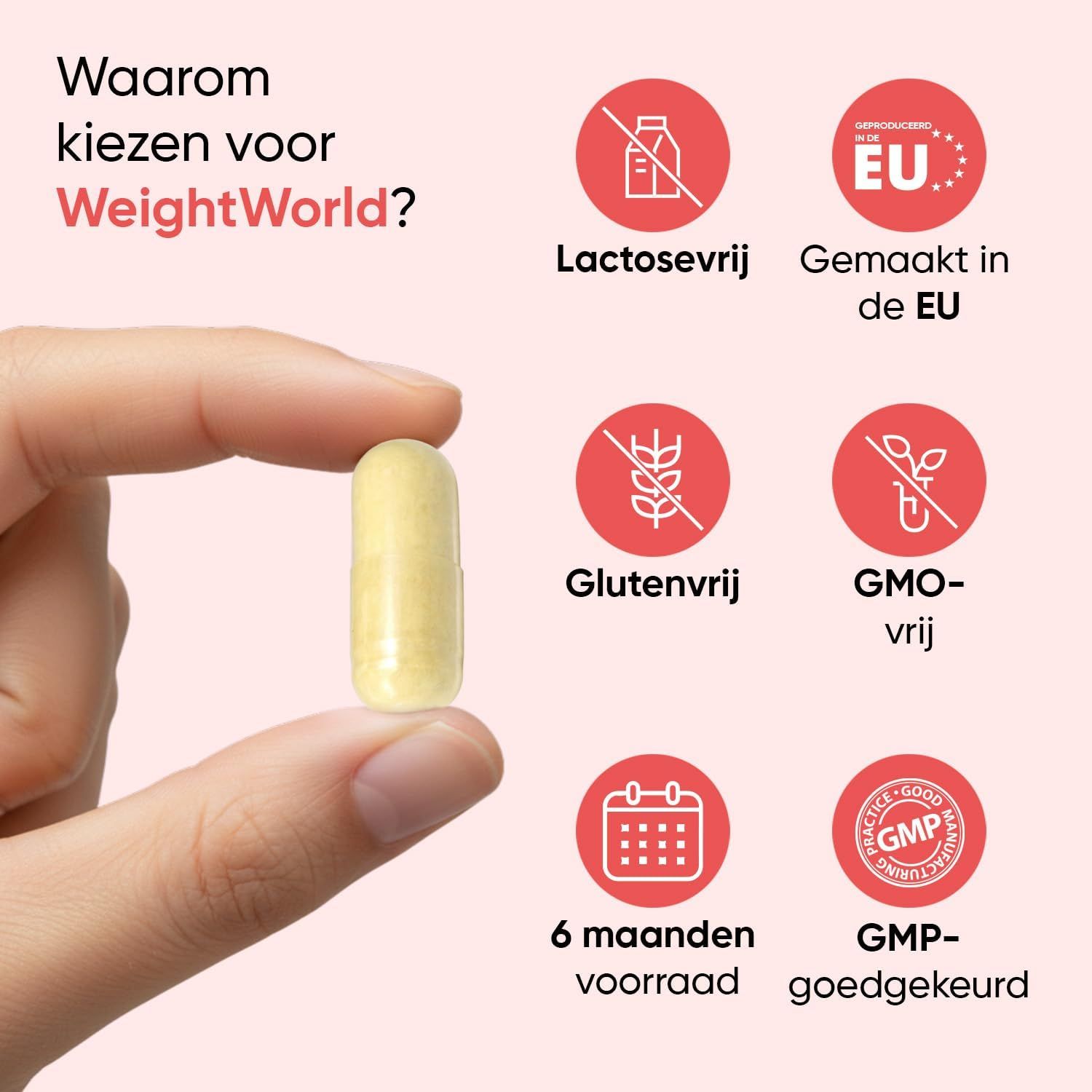 Een gele capsule wordt tussen duim en wijsvinger gehouden. Daarnaast iconen voor lactosevrij, gemaakt in de EU, glutenvrij, GMO-vrij, 6 maanden voorraad en GMP-goedgekeurd.