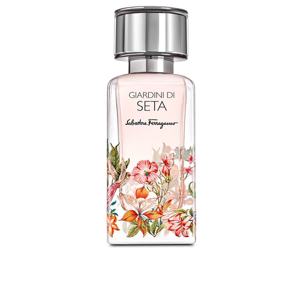 Flacon de parfum Giardini Di Seta, Salvatore Ferragamo. Décor floral. Flacon transparent, bouchon argenté.