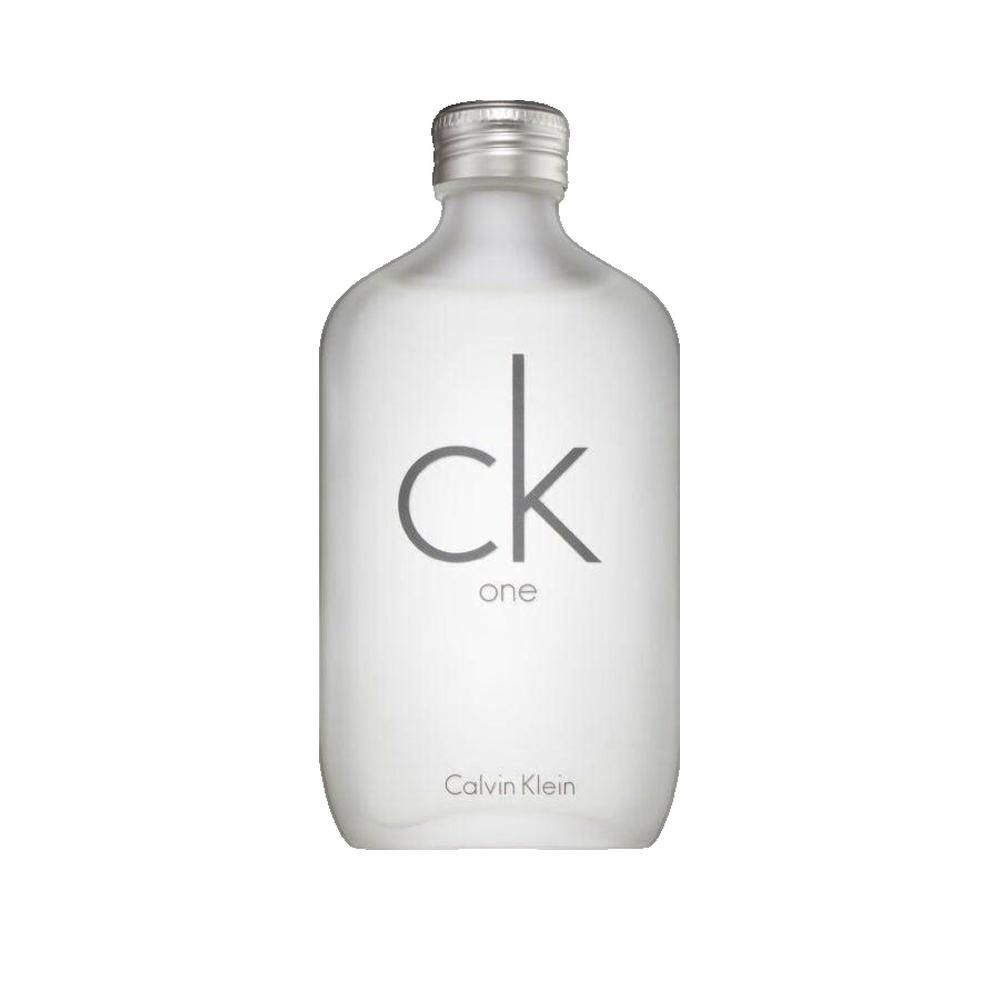 Fles van Calvin Klein CK One. Wit glas, zilveren dop, zwart logo en tekst.