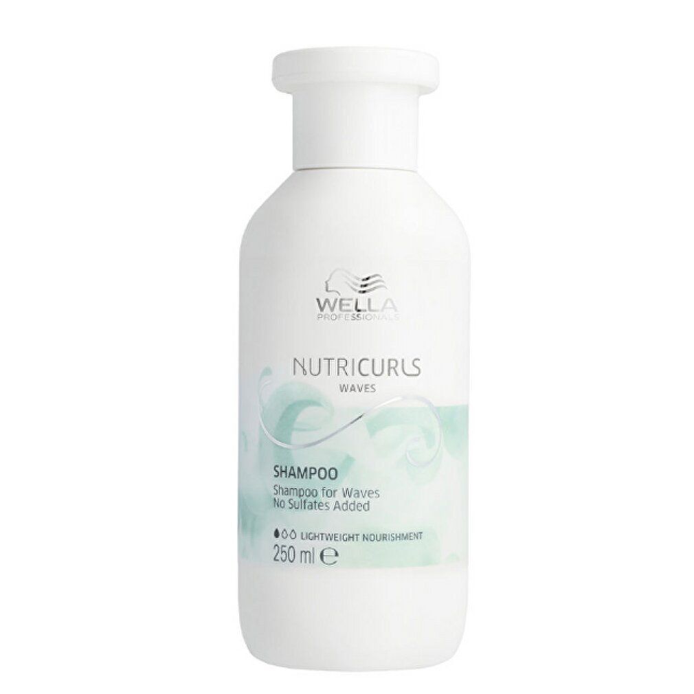 Witte shampoo fles met tekst. Productnaam: NutriCurls Waves. 250 ml.