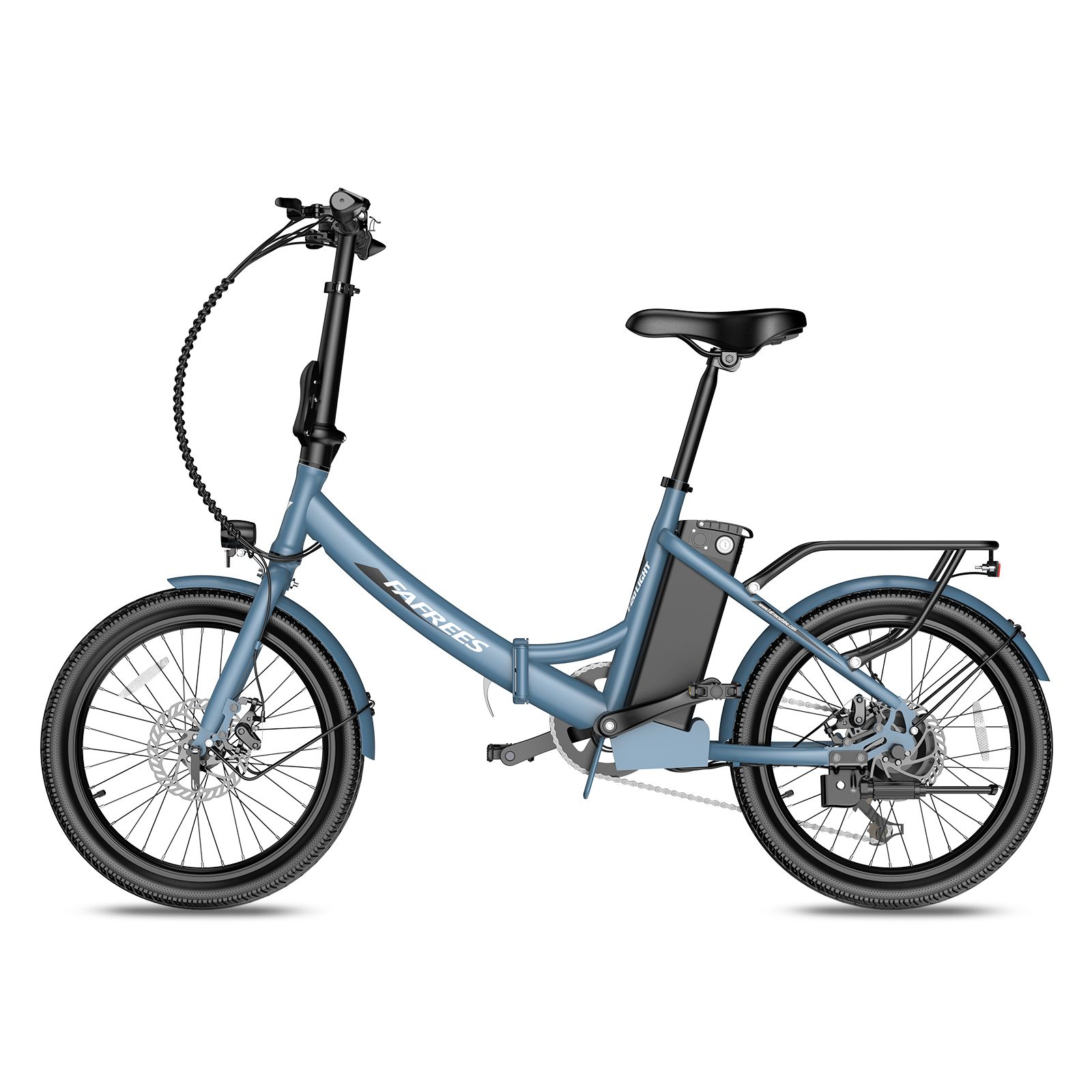 Vélo électrique Fafrees F20Light bleu, vue latérale. Pneus noirs, porte-bagages, batterie et selle. Logo Fafrees.