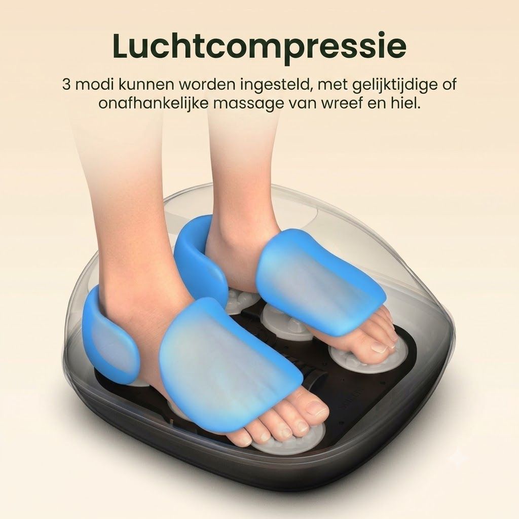 Luchtcompressie voetmassageapparaat met blauwe manchetten voor voeten en enkels.