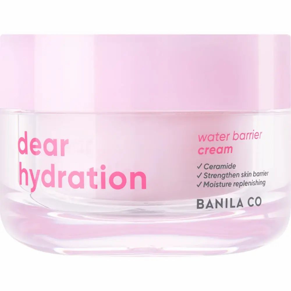 Ronde pot met roze deksel. Op potje staat "dear hydration", "water barrier cream" en "BANILA CO".
