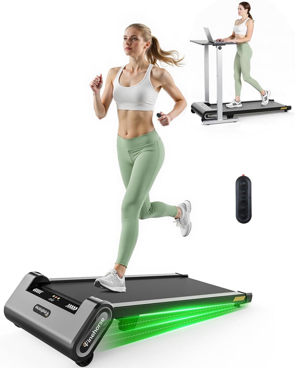 Femme courant sur un tapis roulant noir. Télécommande. Petite image d'une femme travaillant sur un bureau debout. Marque Finehorse.