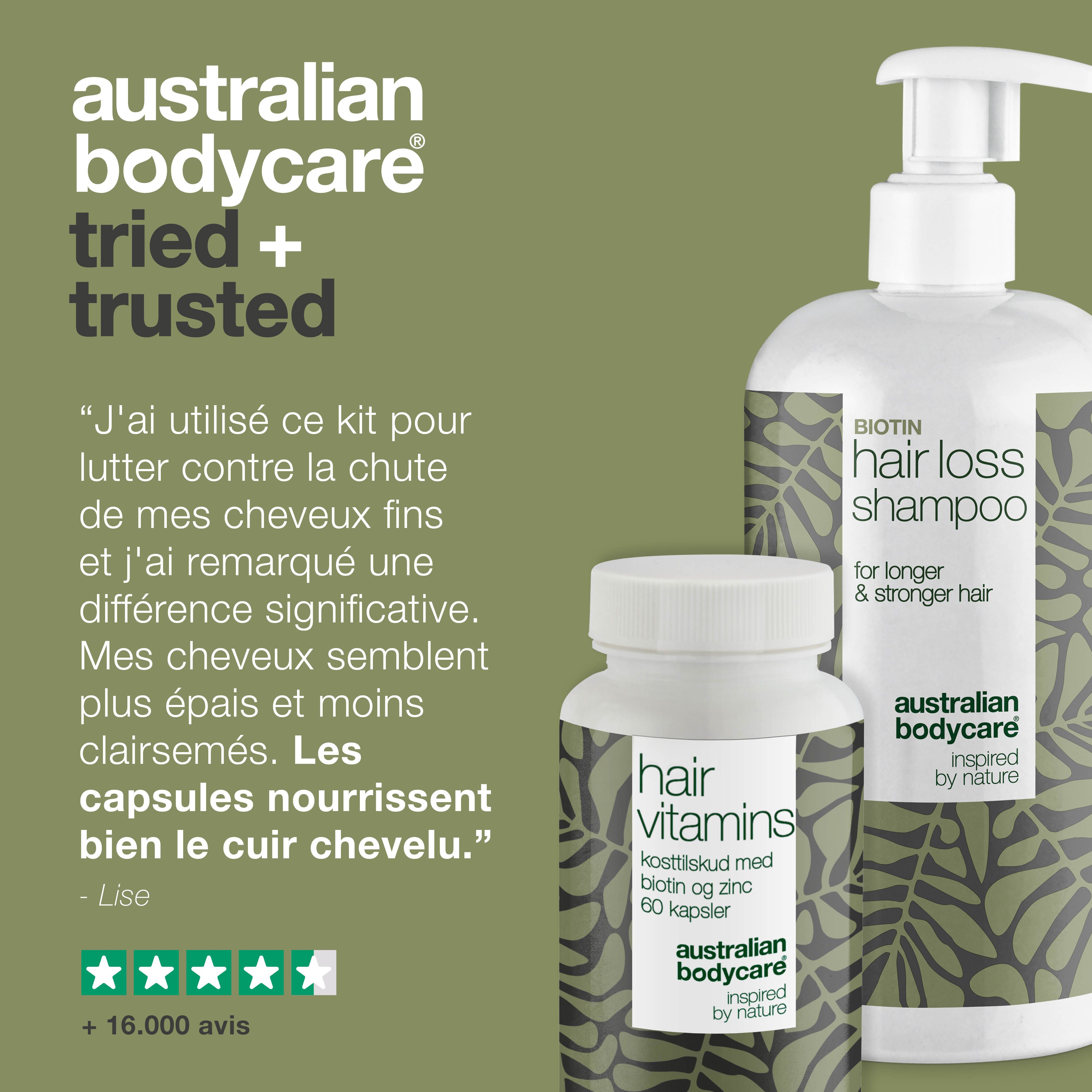 Flacons de shampooing et de vitamines. Texte: Hair Loss Shampoo, Hair Vitamins. Marque: Australian Bodycare. Citation et étoiles.