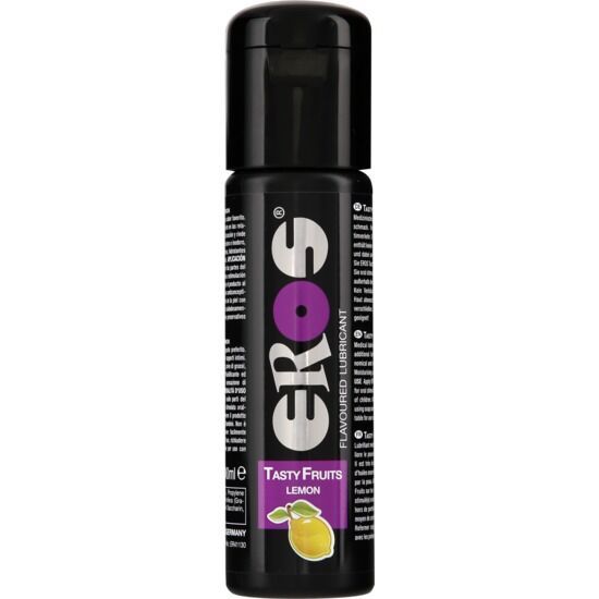 Lubrifiant Eros Tasty Fruits Citron, bouteille noire, bouchon à clapet. Accent violet dans le logo. Illustration de citron en bas.