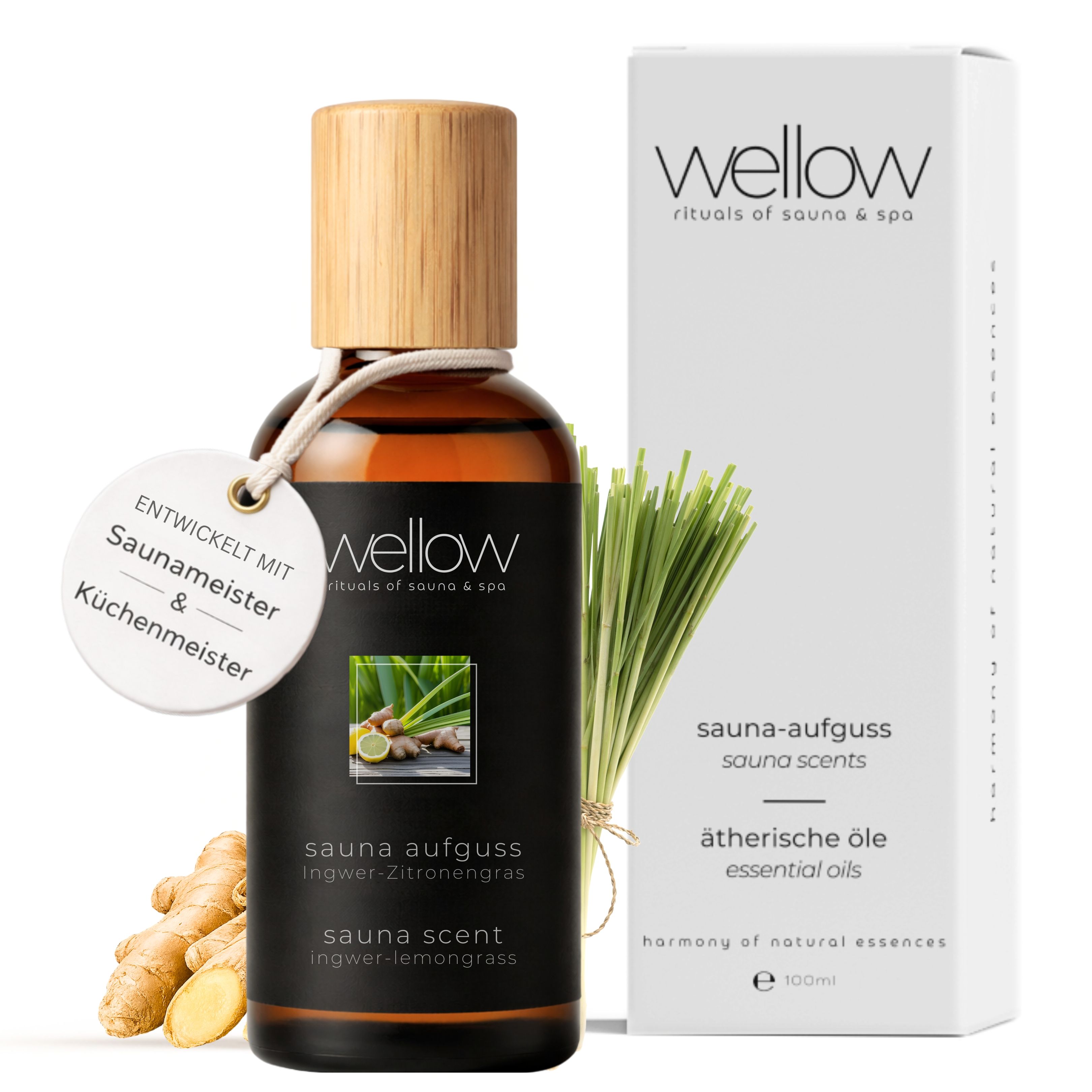 Flacon brun avec couvercle en bois, gingembre, citronnelle. Texte: Sauna-Aufguss Gingembre-Citronnelle. Huiles essentielles. Emballage.