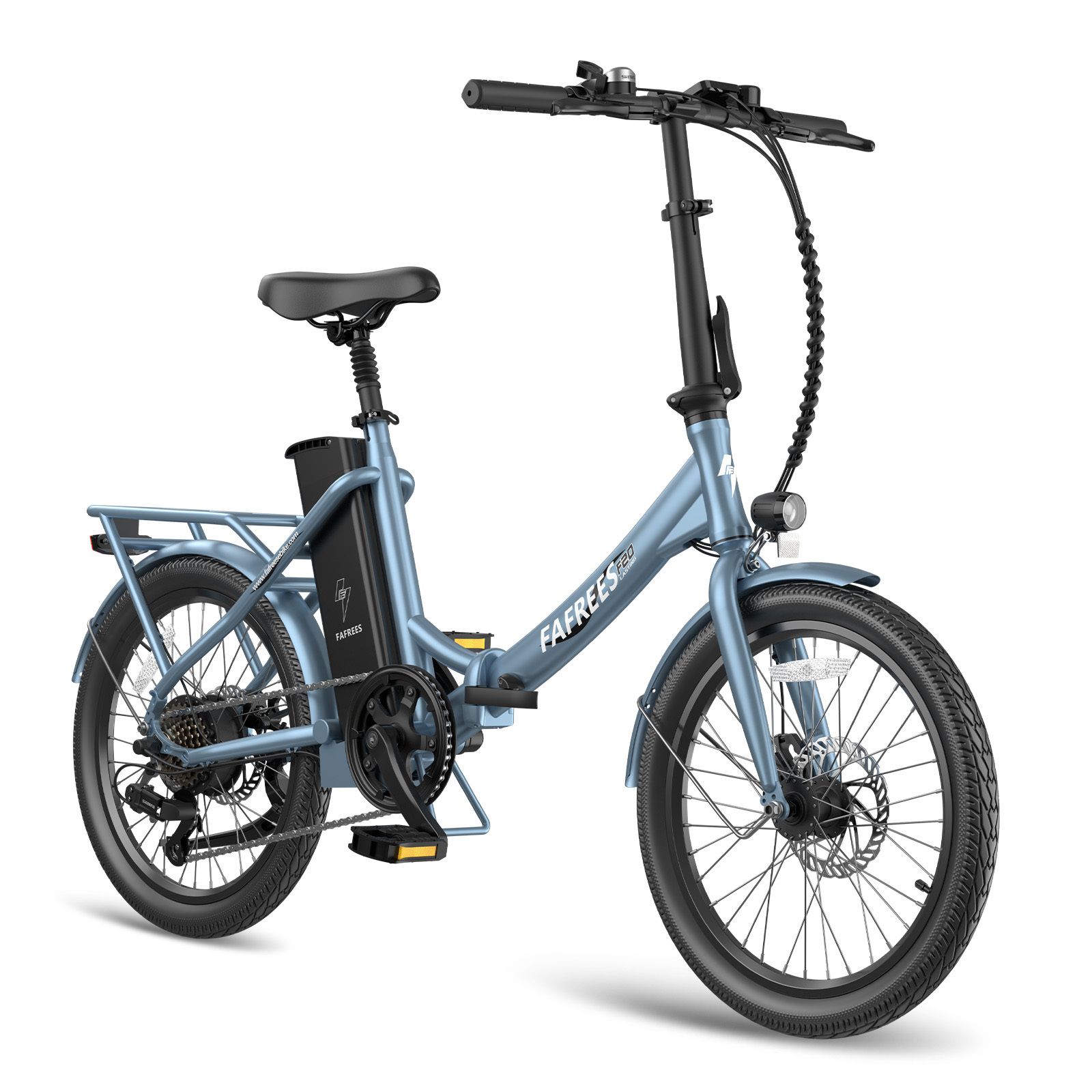 Vélo électrique Fafrees F20 bleu. Cadre pliable, porte-bagages, freins à disque. Batterie sur cadre. Pneus et selle noirs.