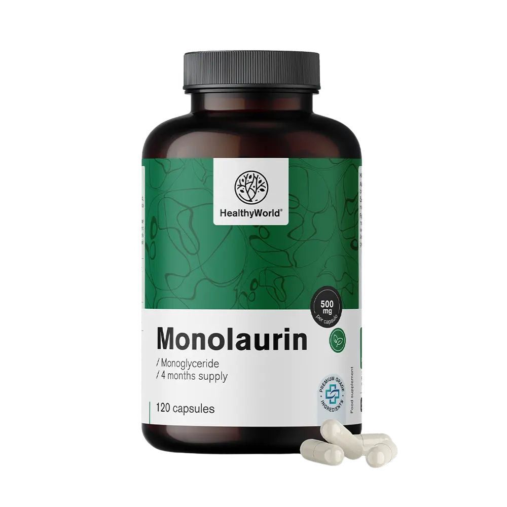Bouteille brune de Monolaurine 500 mg, 120 gélules.