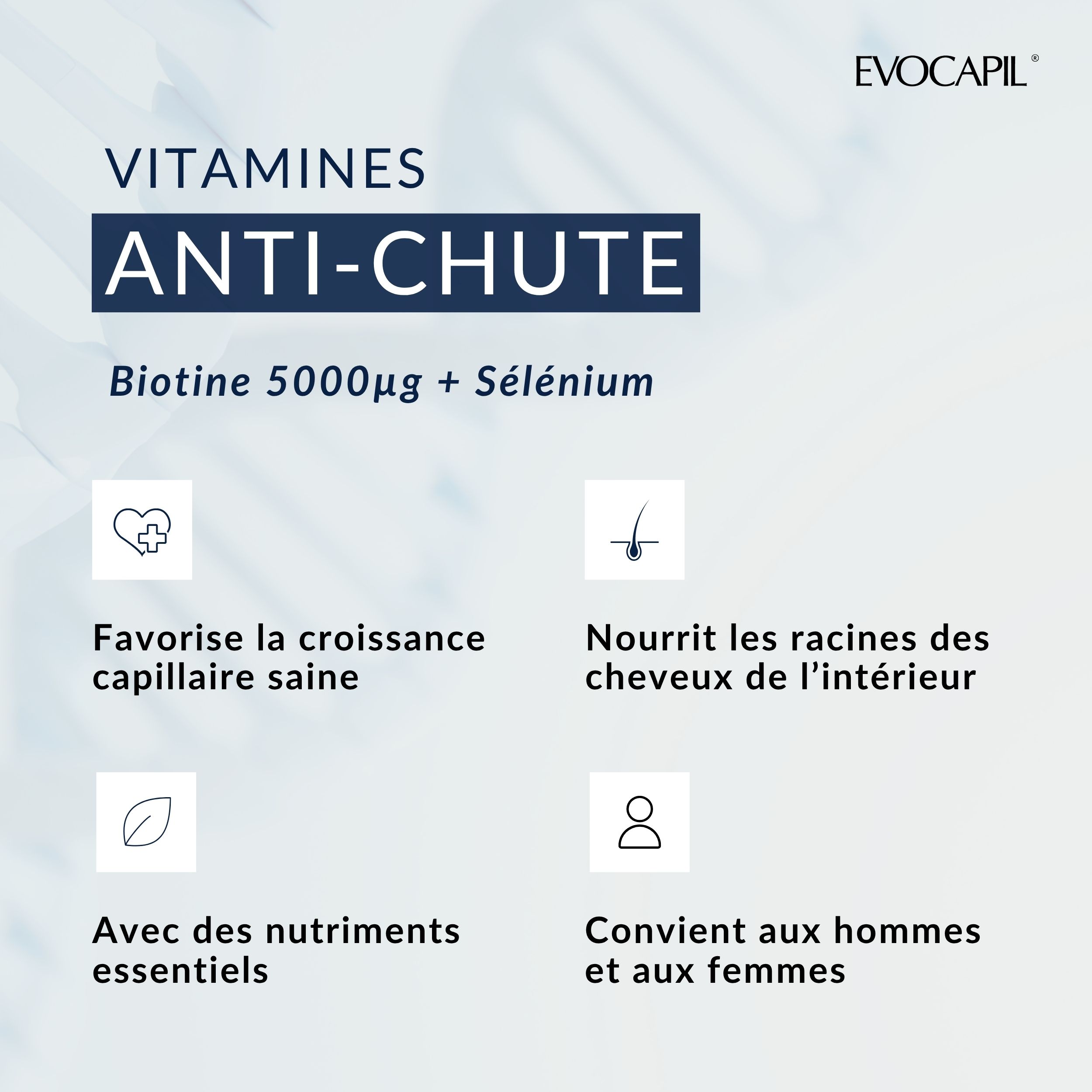 Vitamines anti-chute. Contient de la biotine et du sélénium. Pour une croissance saine des cheveux. Convient aux hommes et femmes.