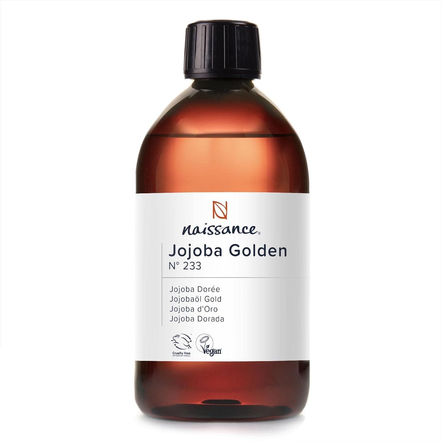 Fles Naissance Jojobaolie Goud met etiket.