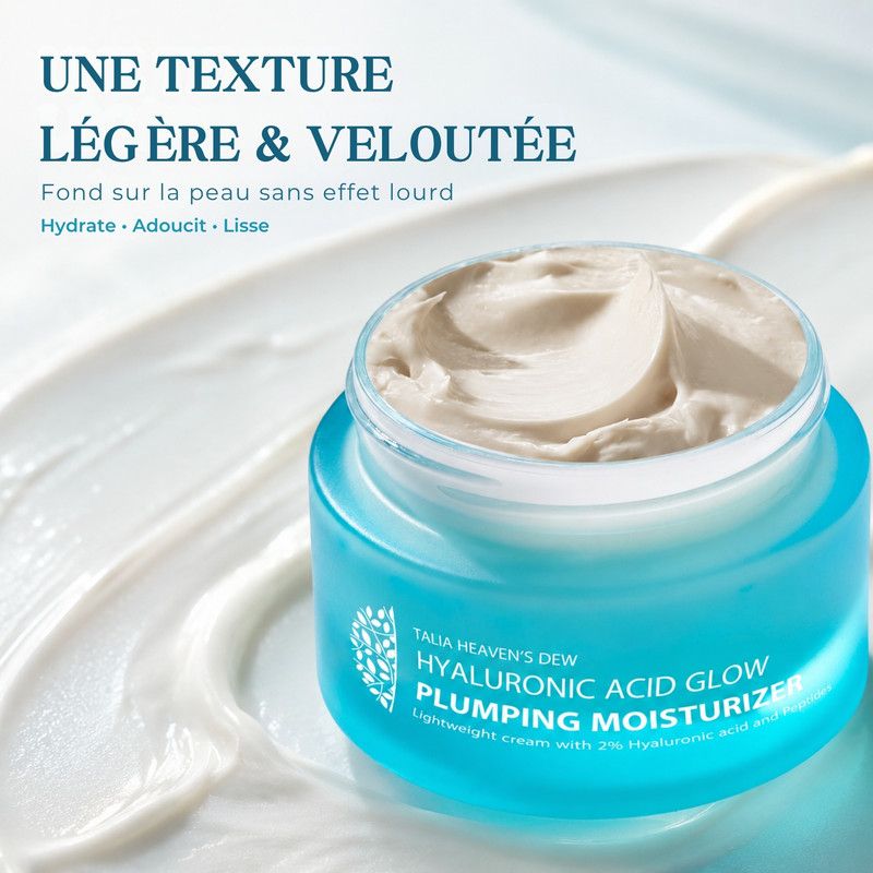 Un pot de Hyaluronic Acid Glow Plumping Moisturizer. Le texte décrit l'application : appliquer matin et soir sur le visage et le cou.