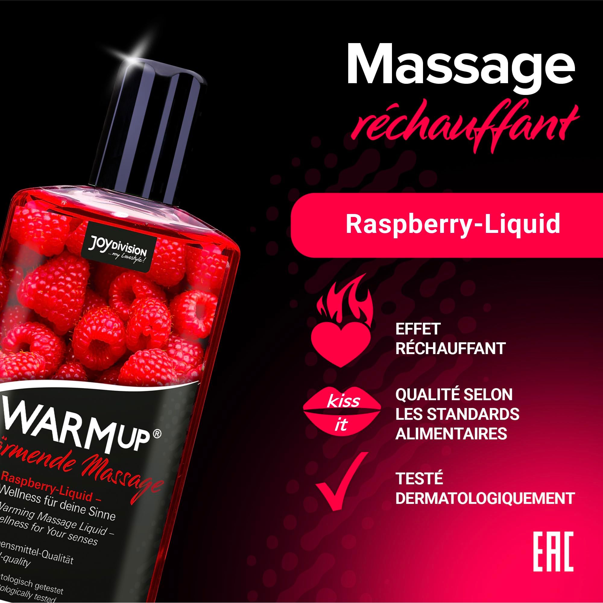 Bouteille d'huile de massage chauffante, motif framboise.