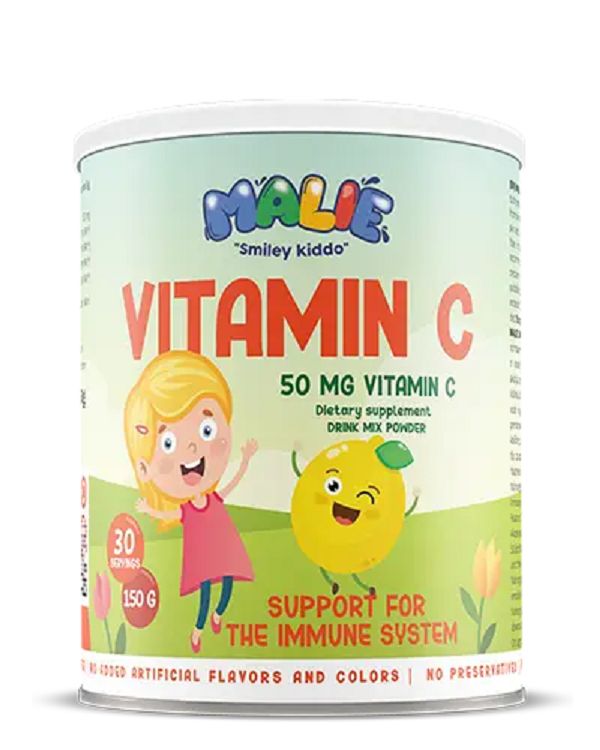 Boîte ronde de vitamine C MALIE. Inscription : "Smiley kiddo", vitamine C, 50 mg, 30 portions, 150 g. Illustrations d'enfant et de citron.