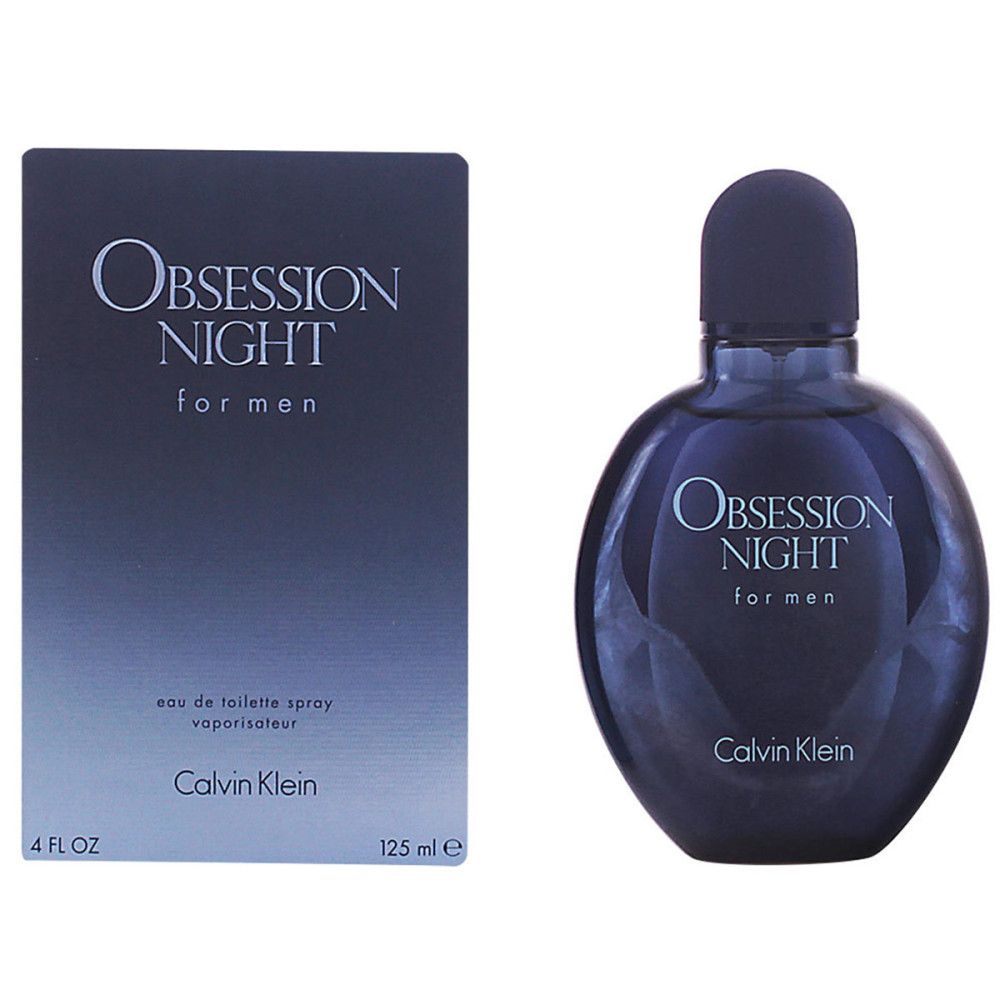 Flacon et emballage bleu foncé Calvin Klein Obsession Night for Men. Flacon rond, emballage rectangulaire.