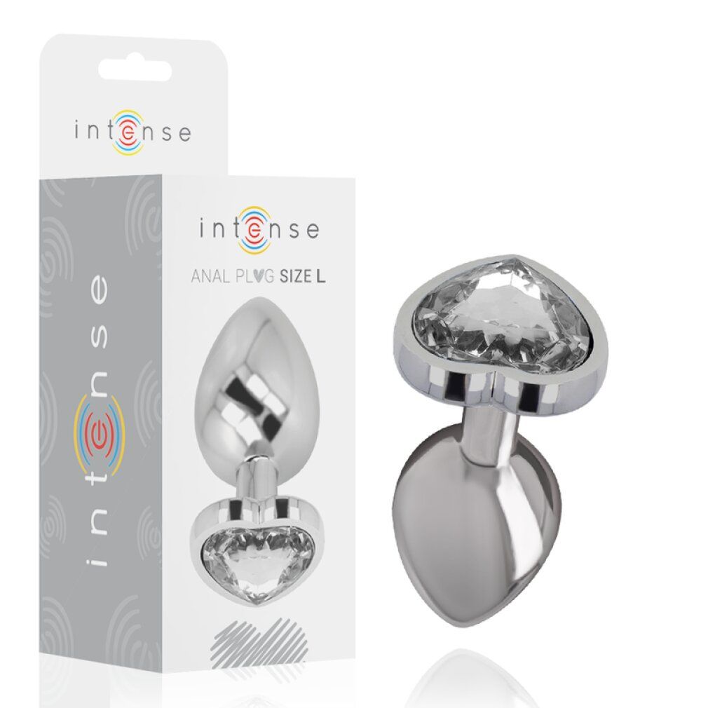 Metalen hartvormige anale plug met kristal, maat L, naast verpakking.