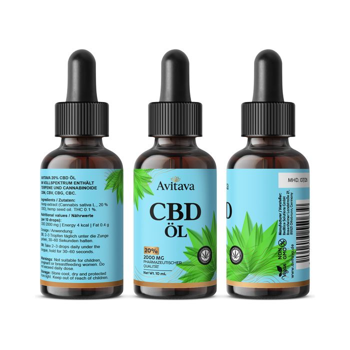 Huile CBD Avitava 20% spectre complet en trois vues. Flacon en verre brun avec pipette et étiquette bleue.