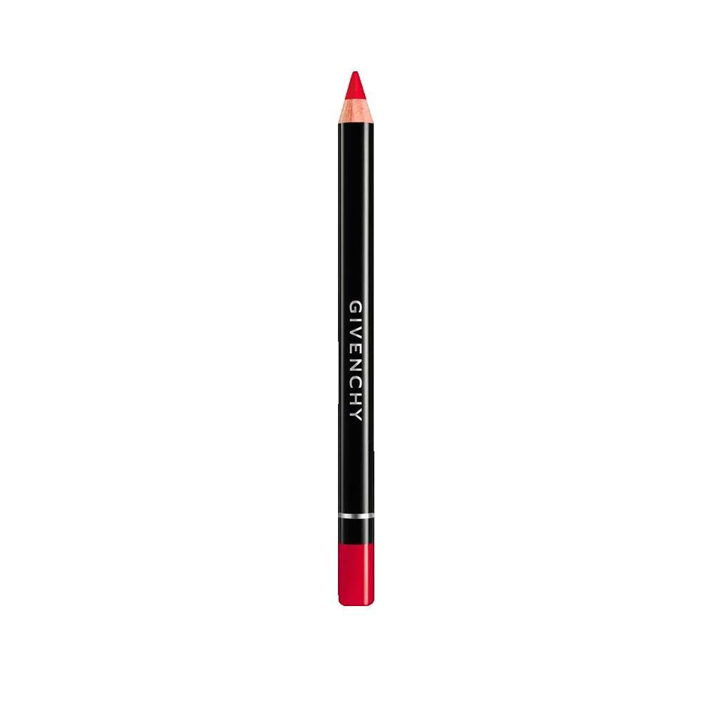 Crayon à lèvres rouge. Crayon noir avec pointe rouge et inscription Givenchy. Anneau argenté sur le crayon.