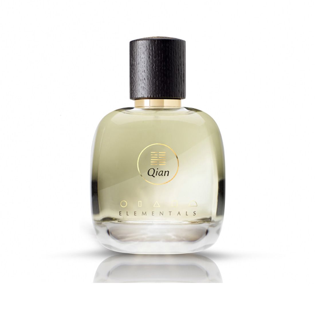 Flacon de parfum avec bouchon en bois et étiquette dorée 'Qian Elementals'.