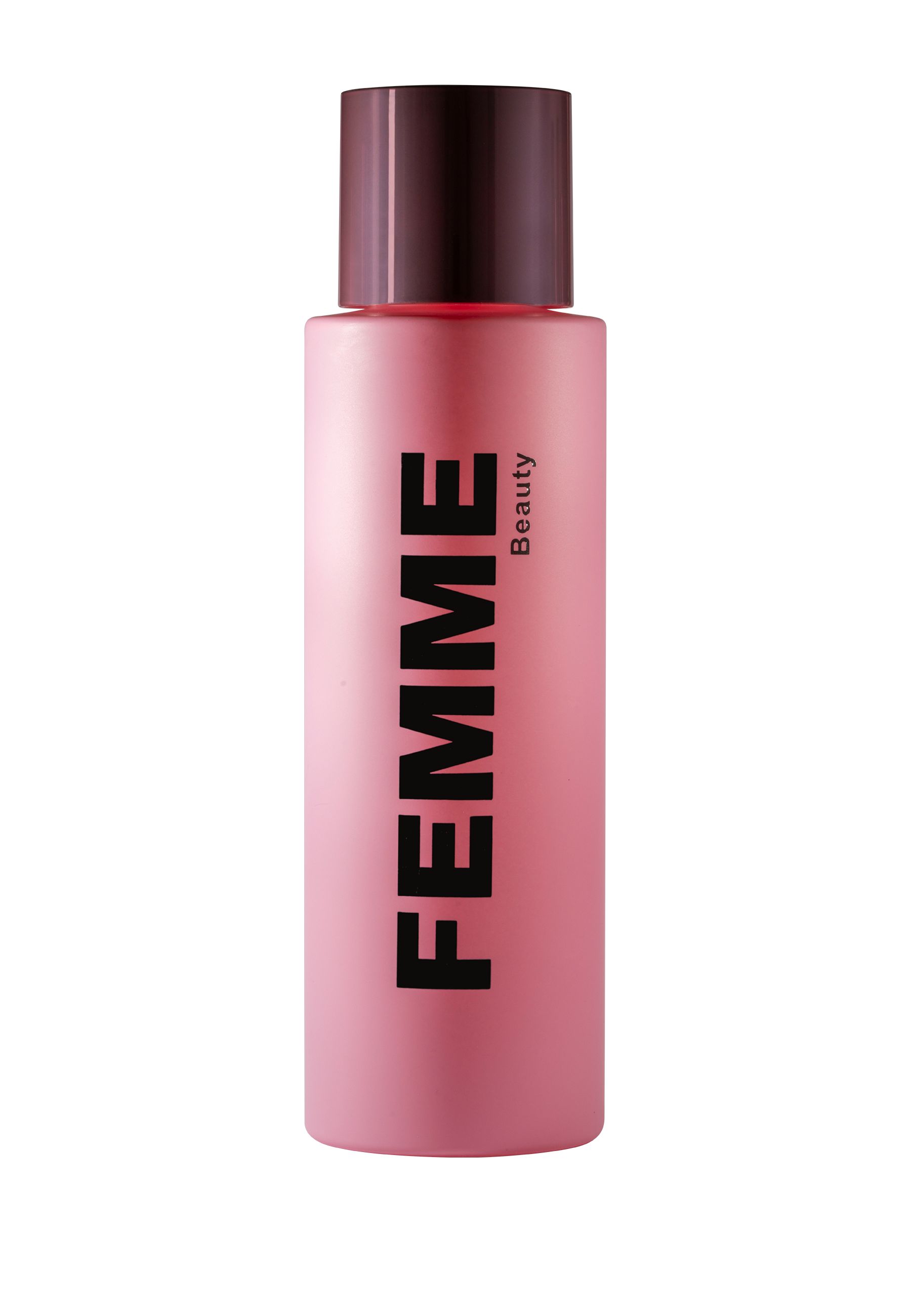 FEMME Beauty fles met donkere dop op witte achtergrond.