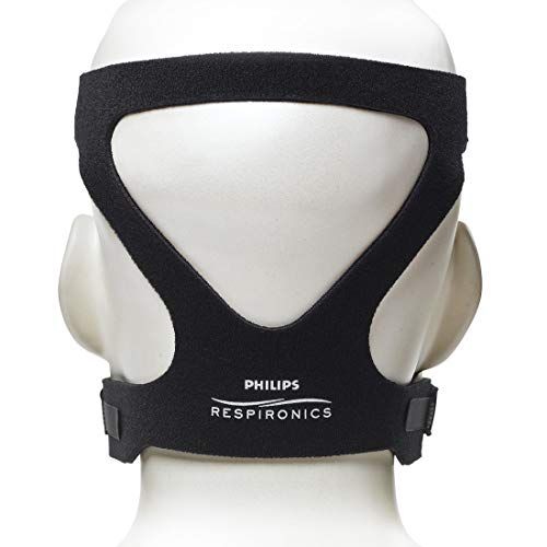 Bandeau noir pour masque CPAP. Logo Philips Respironics. Présenté sur une tête de mannequin.