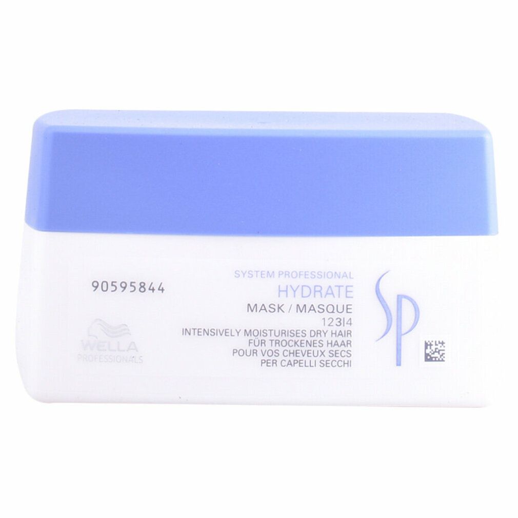 Wit en blauw potje. Opschrift: Hydrate Mask, Wella Professionals logo, SP logo, meertalige tekst.
