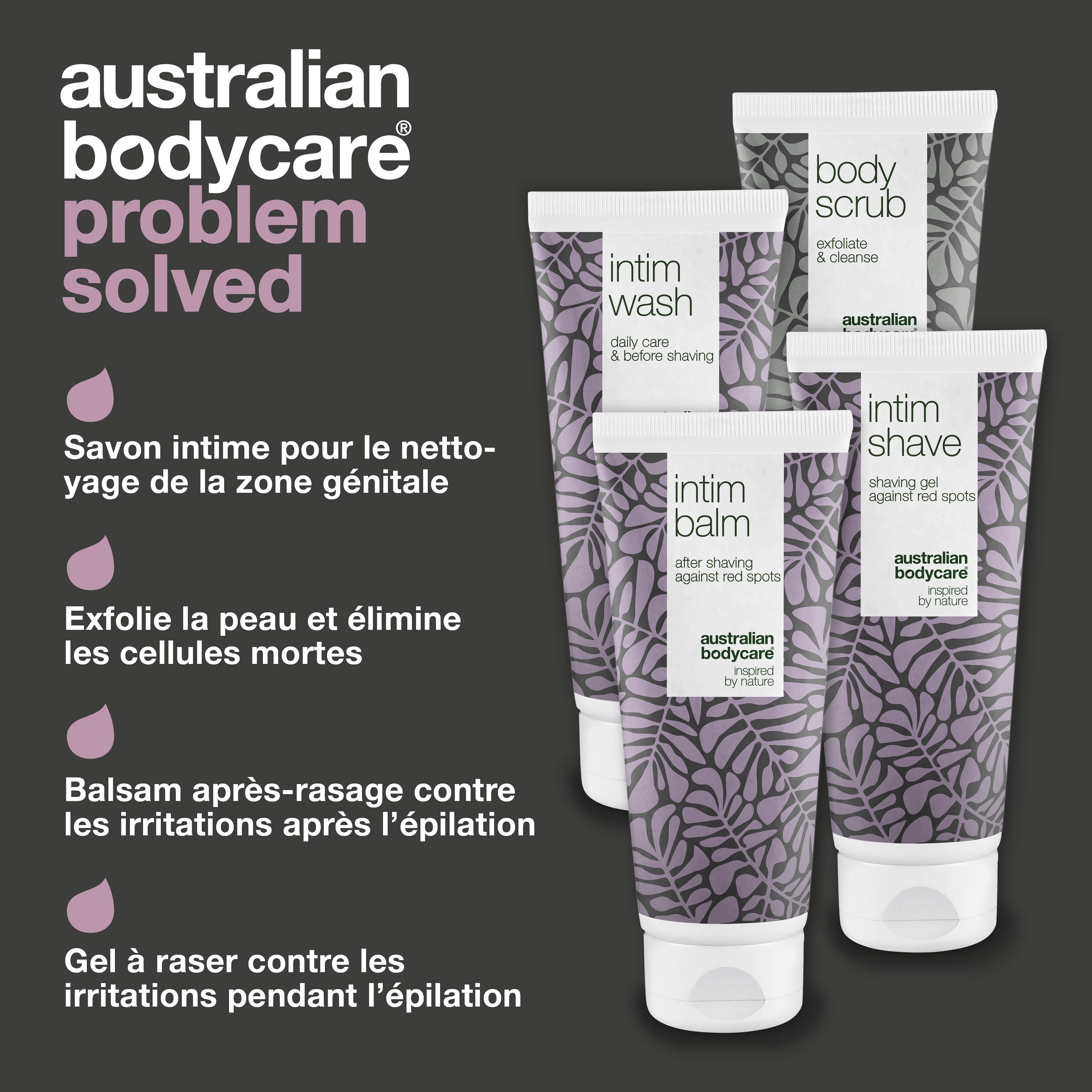 Problème résolu. Produits : Intim Wash, Intim Balm, Intim Shave, Body Scrub. Texte sur les avantages.