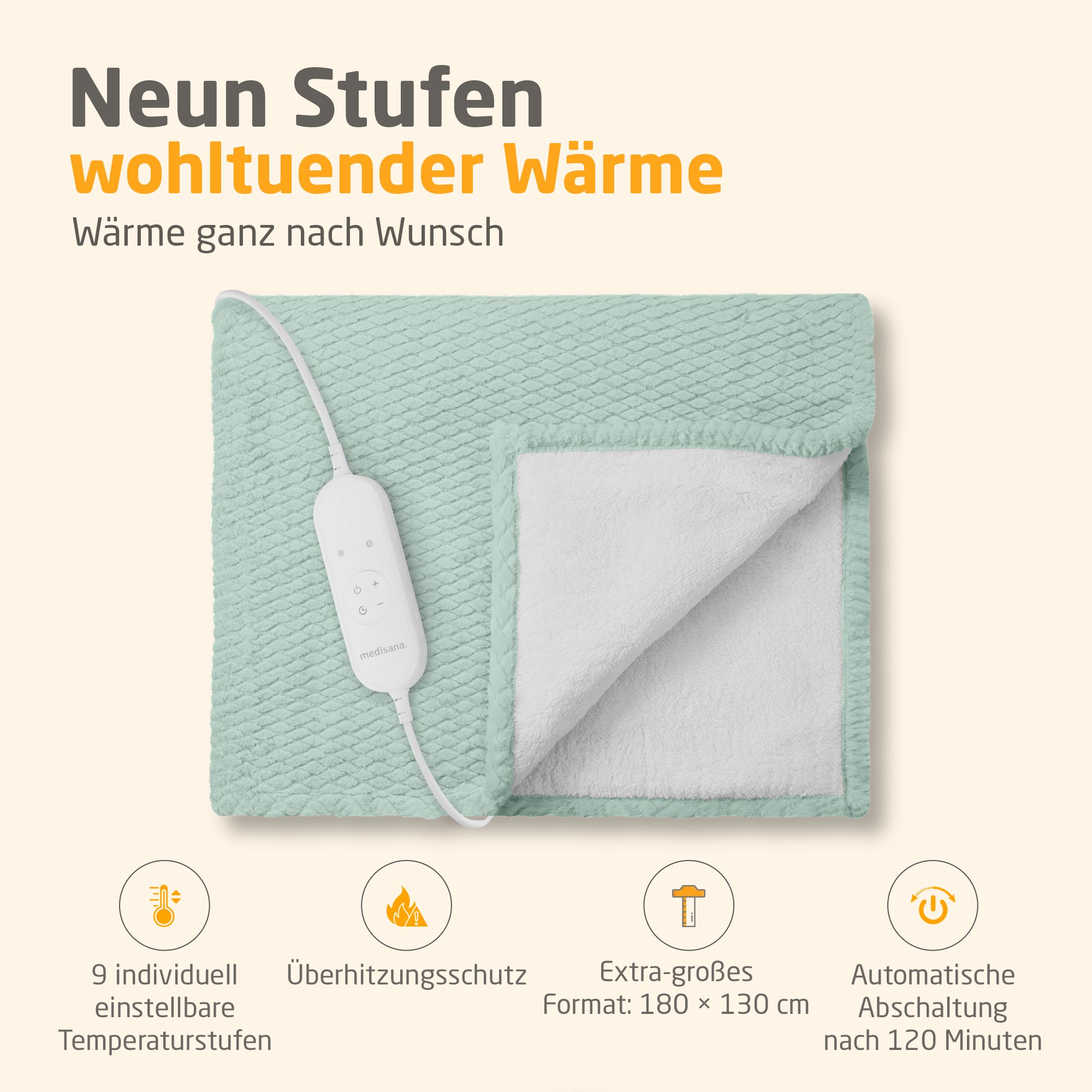 Couverture chauffante, vert sauvage. Câble et commande. 180 x 130 cm. 9 niveaux de température. Protection contre la surchauffe. Arrêt auto.