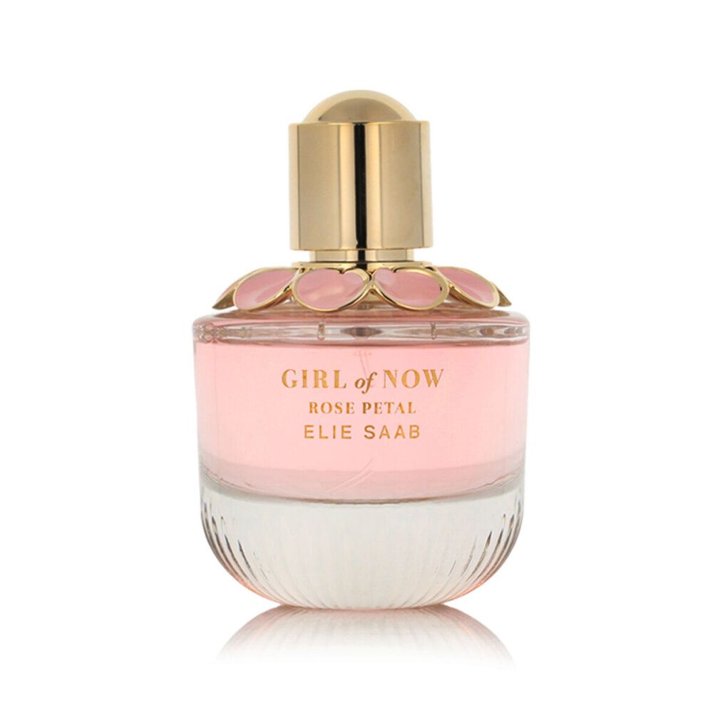 Flacon d'Elie Saab Girl of Now Rose Petal Eau de Parfum avec bouchon doré et applications de fleurs roses.