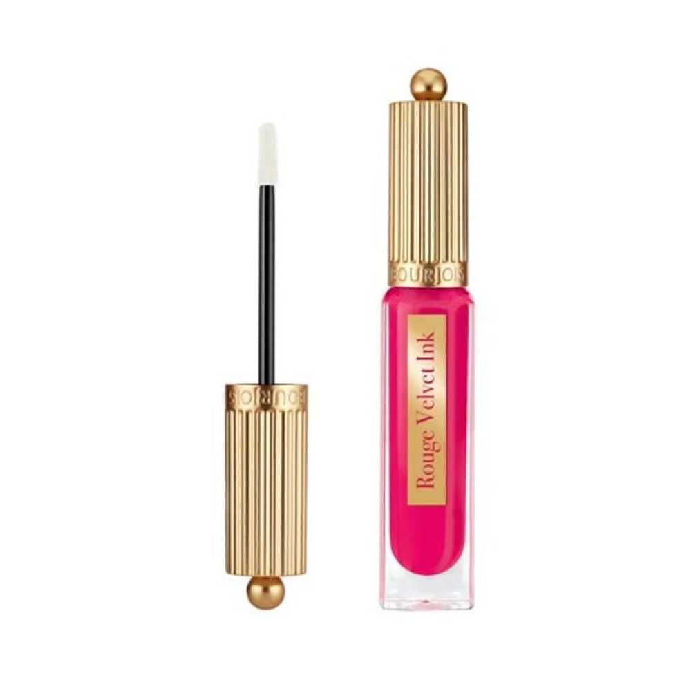 Bourjois Rouge Velvet Ink lippenstift, 07 Fuchsia Cha Cha, gouden dop, applicator ernaast.