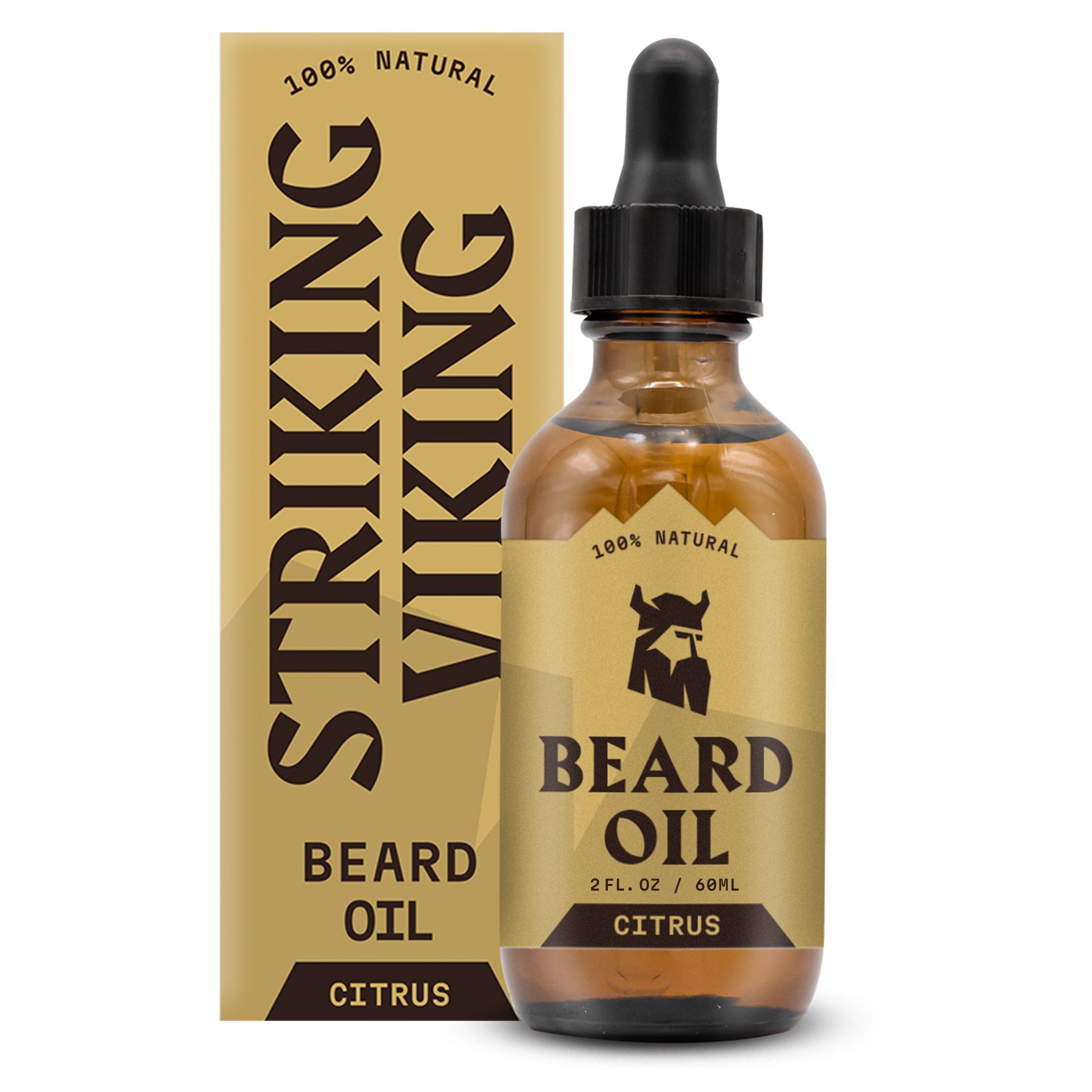 Bouteille d'huile à barbe et boîte d'emballage avec design d'agrumes et logo viking.