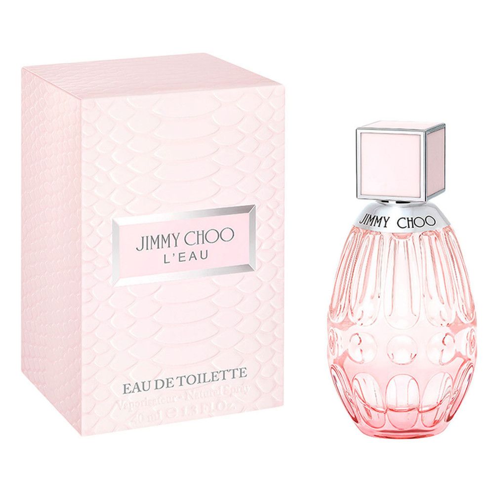 Emballage et flacon roses. Emballage avec inscription: JIMMY CHOO L'EAU, Eau de Toilette.