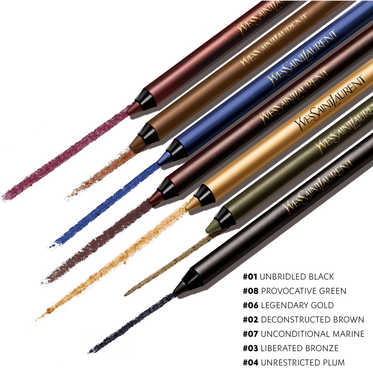 Close-up van Yves Saint Laurent eyeliners en tinten. Kleurnamen en productnamen zichtbaar.