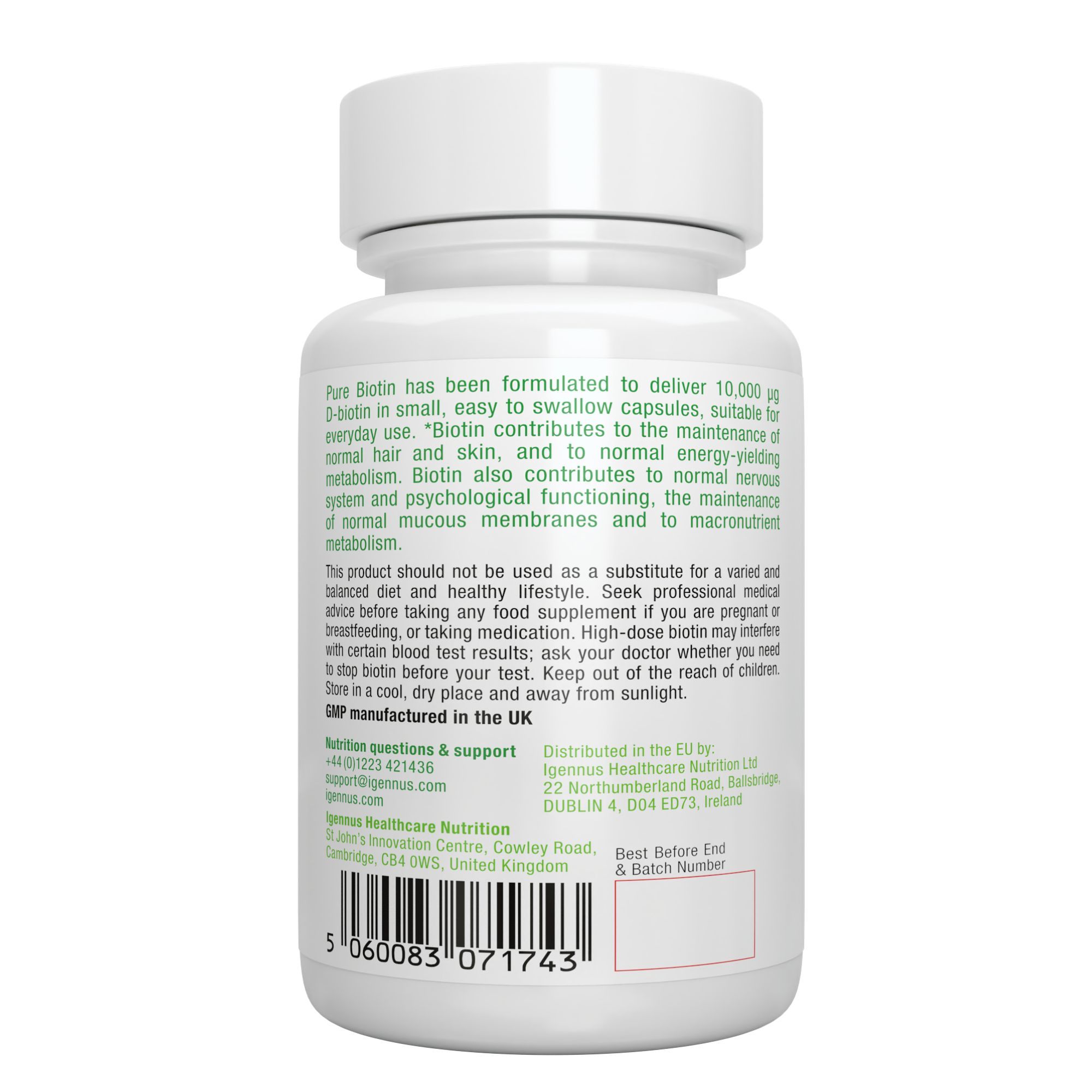 Dos du flacon Pure Biotin. Texte sur les bienfaits de la biotine. Coordonnées et numéro de lot.