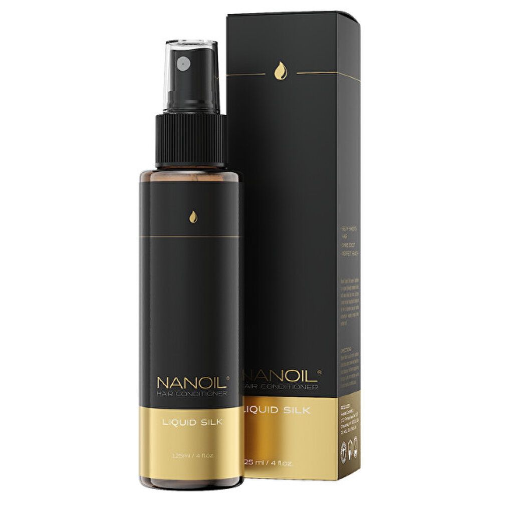 Nanoil Hair Conditioner Liquid Silk dans un flacon pulvérisateur noir avec bande dorée et boîte.