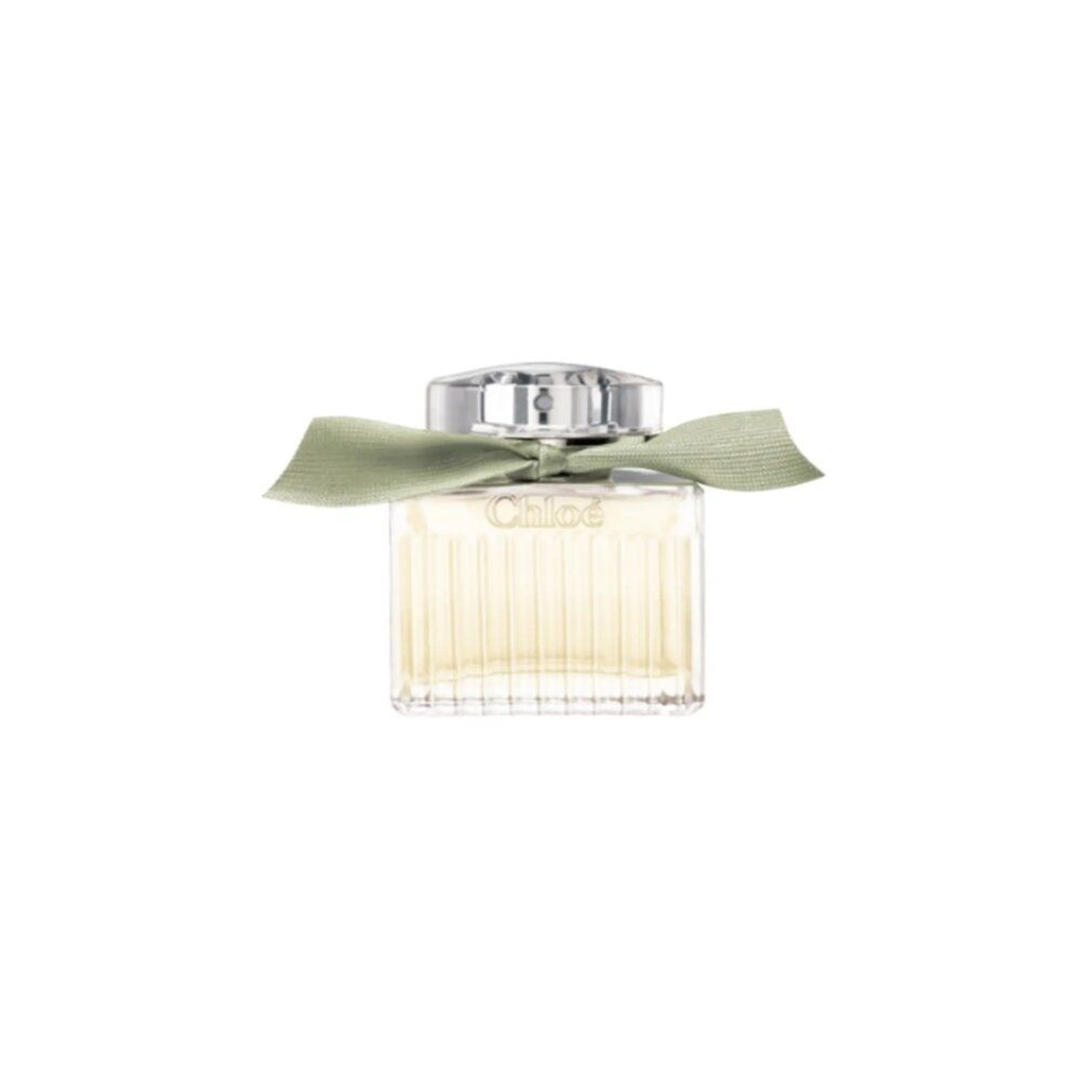 Chloé E.d.P. Nat. Spray Naturelle. Flacon rectangulaire en verre, bouchon argenté, ruban vert clair.