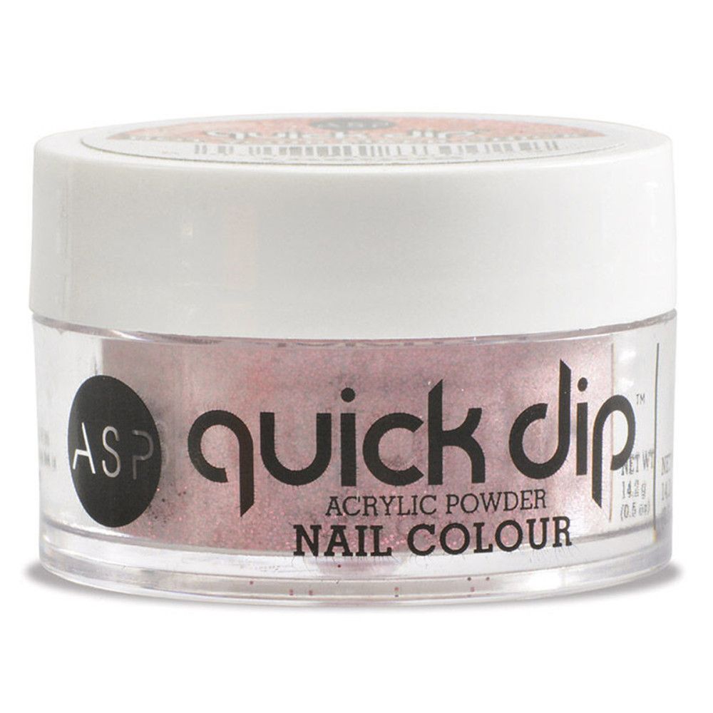 Récipient rond avec poudre rose. Inscription 'quick dip' et 'ACRYLIC POWDER NAIL COLOUR'.
