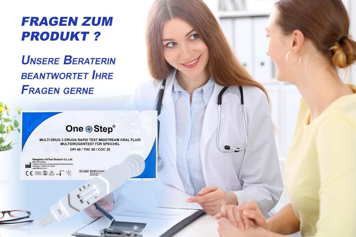 Arts en patiënt bekijken een verpakking met productnaam en een drugstest. Tekst: Vragen over het product?