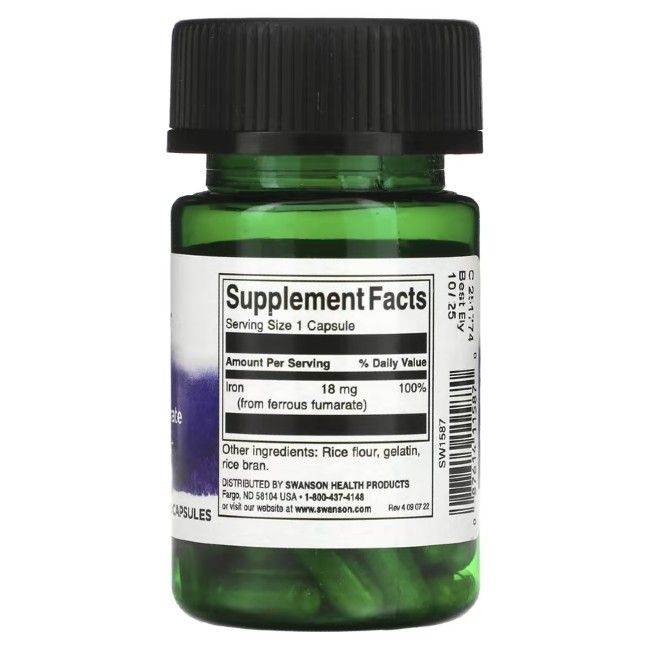 Vue arrière d'un flacon vert avec bouchon noir. Étiquette avec informations nutritionnelles: Fer 18 mg (de fumarate ferreux).